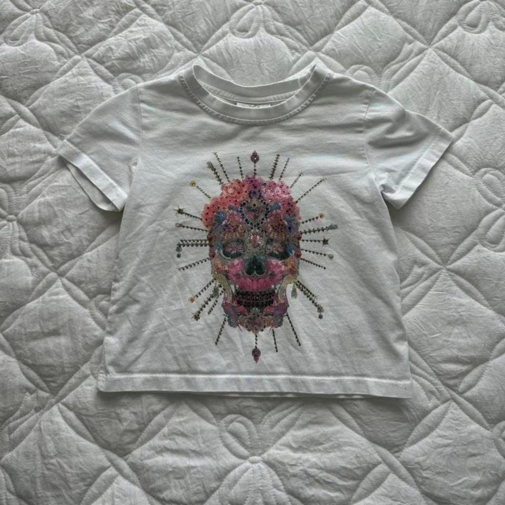 white and‎ pink skull baby tee